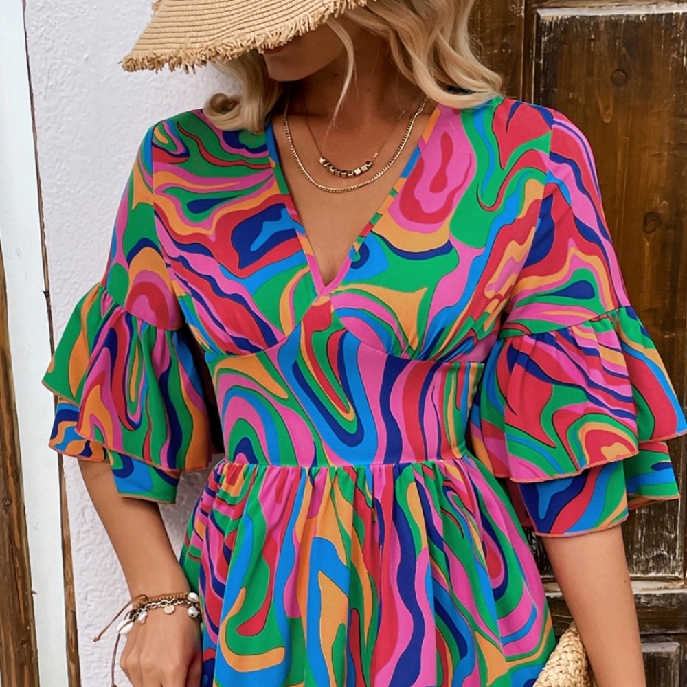 Whimsy Color Waves V-Neck Dress - Picture 8 of 10